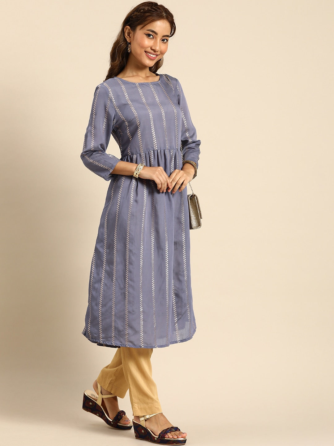 Sangria Women Jacquard Chanderi Silk Anarkali Kurta | Grocsy