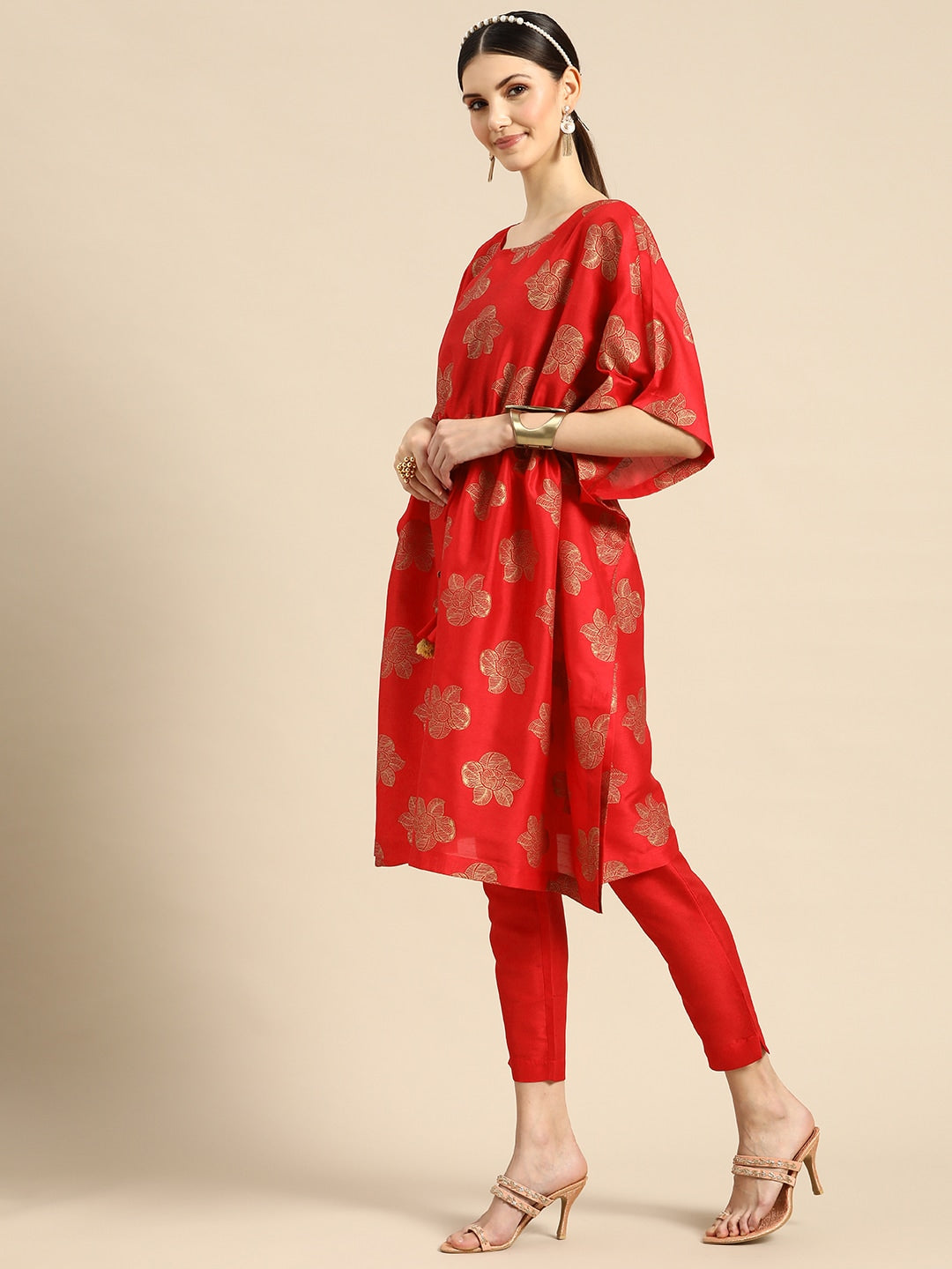 Sangria Women Red Ethnic Motifs Printed Kurta with Trousers | Grocsy