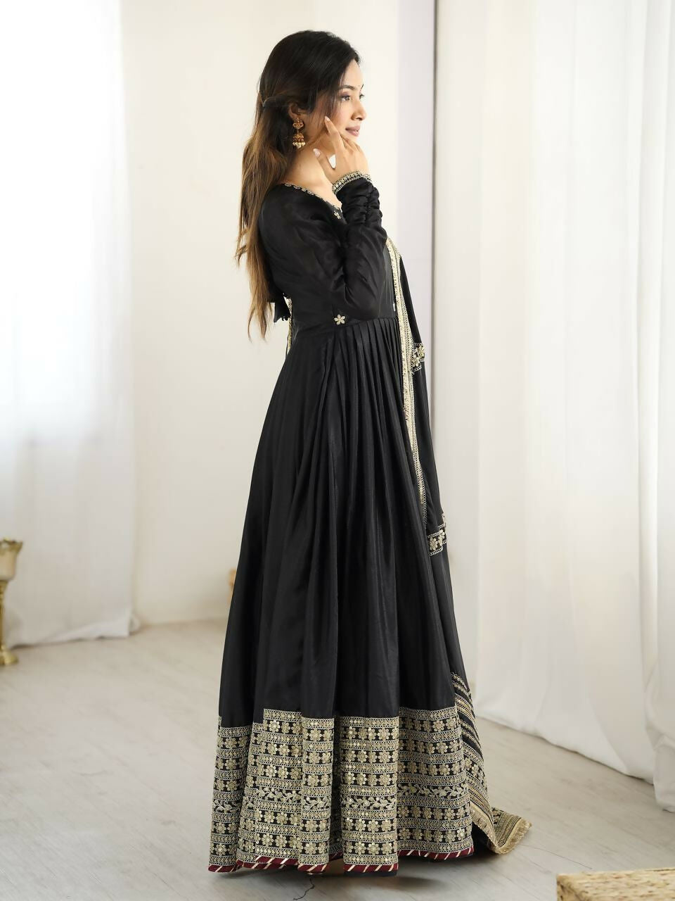 The52 Women's Gorgeous Chinon Silk Fabric Embroidery Work Flared Anarkali Pant and Dupatta Set | Grocsy