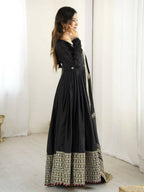 The52 Women's Gorgeous Chinon Silk Fabric Embroidery Work Flared Anarkali Pant and Dupatta Set | Grocsy