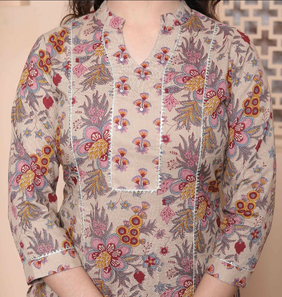 Miravan Womens Pure Cotton Straight Floral Printed Kurta With Palazzo-Multicolor | Grocsy