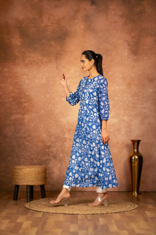 Joban Fashion Blue Floral Hand Block Printed Cotton Kurta Pant Set | Grocsy