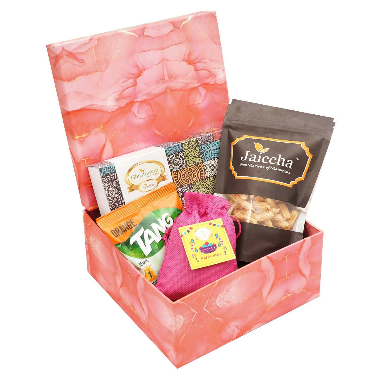 Ghasitaram Colourful Holi Box of Gujiyas, Butter Chakli, and Thandai | Grocsy