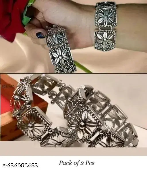 Tehzeeb Creations Women's Silver Plated Oxidised Bangle Set | Grocsy