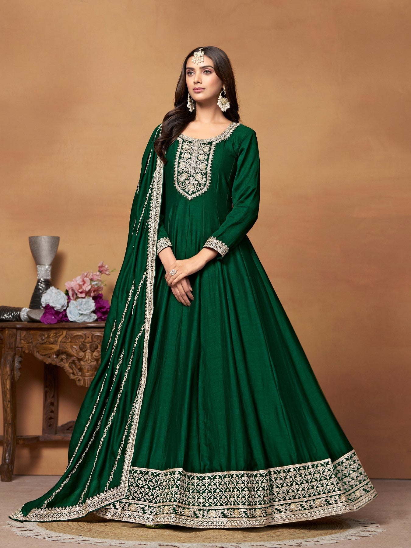 Anaita Green Embroidered Art Silk Anarkali Suit | Grocsy