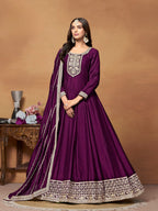 Anaita Wine Embroidered Art Silk Anarkali Suit | Grocsy