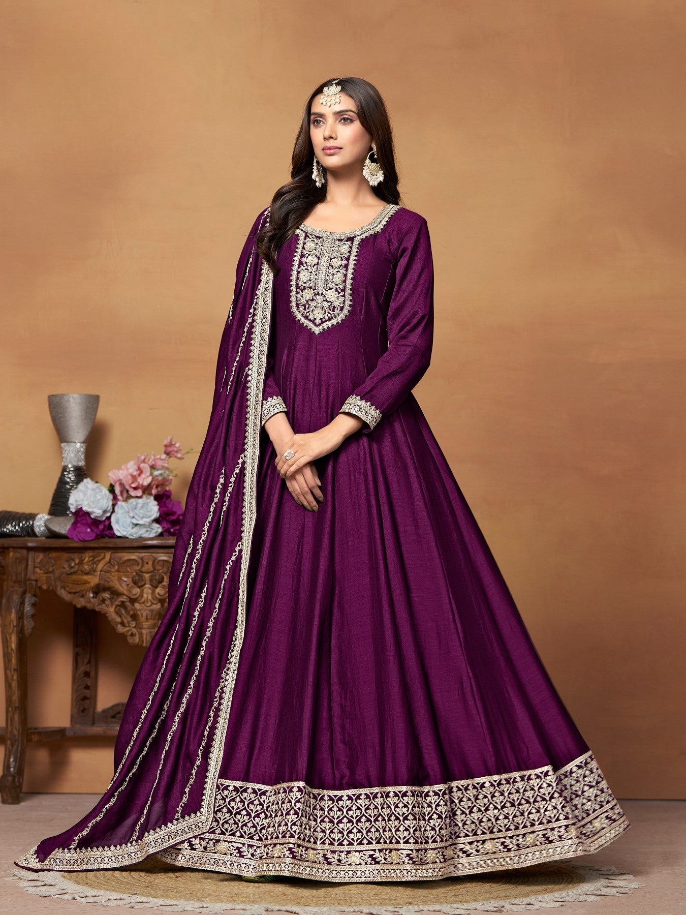 Anaita Wine Embroidered Art Silk Anarkali Suit | Grocsy
