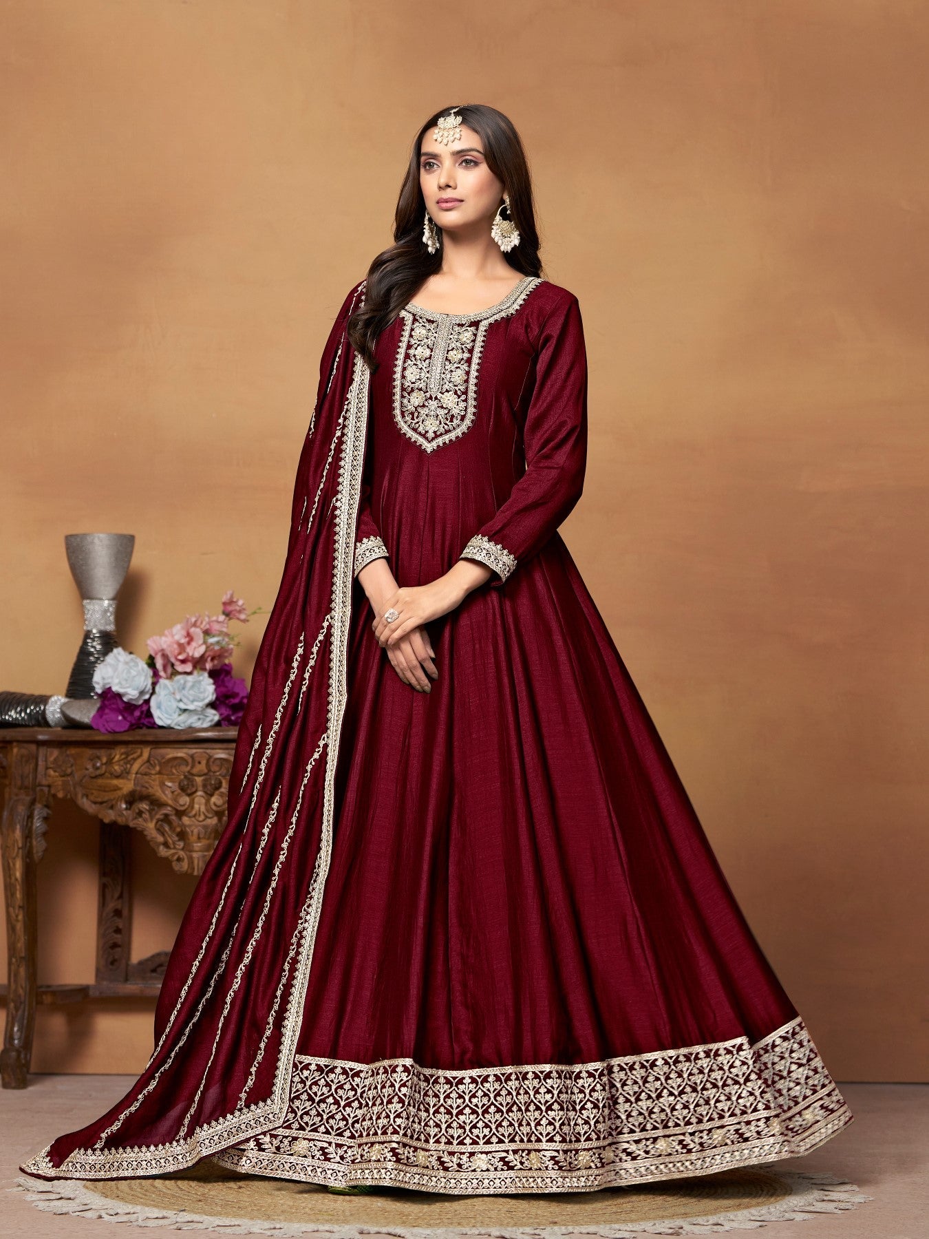 Anaita Maroon Embroidered Art Silk Anarkali Suit | Grocsy