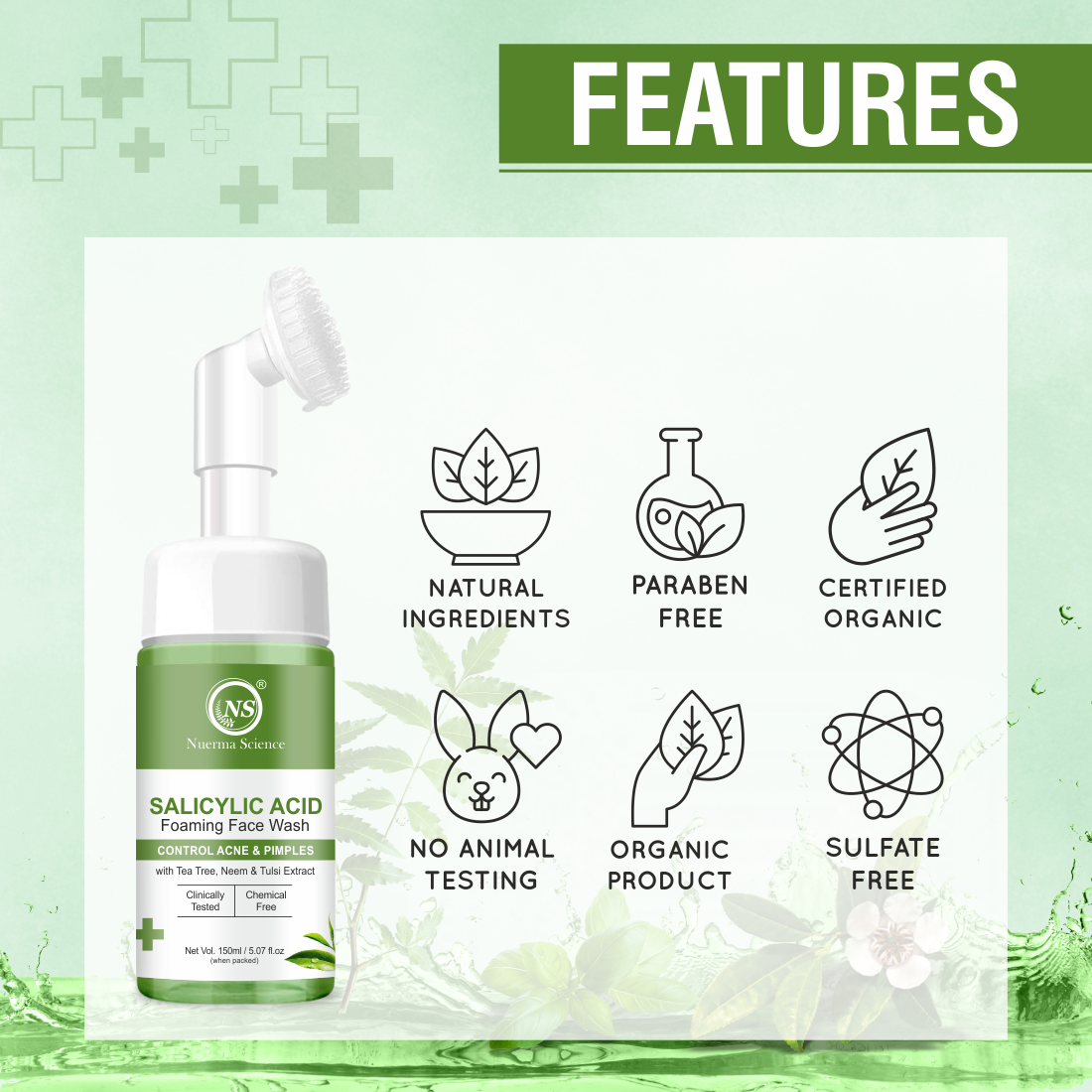 Nuerma Science Salicylic Acid Foaming Face Wash | Controls Acne & Pimples with Tea Tree, Neem & Tulsi Extract | Grocsy