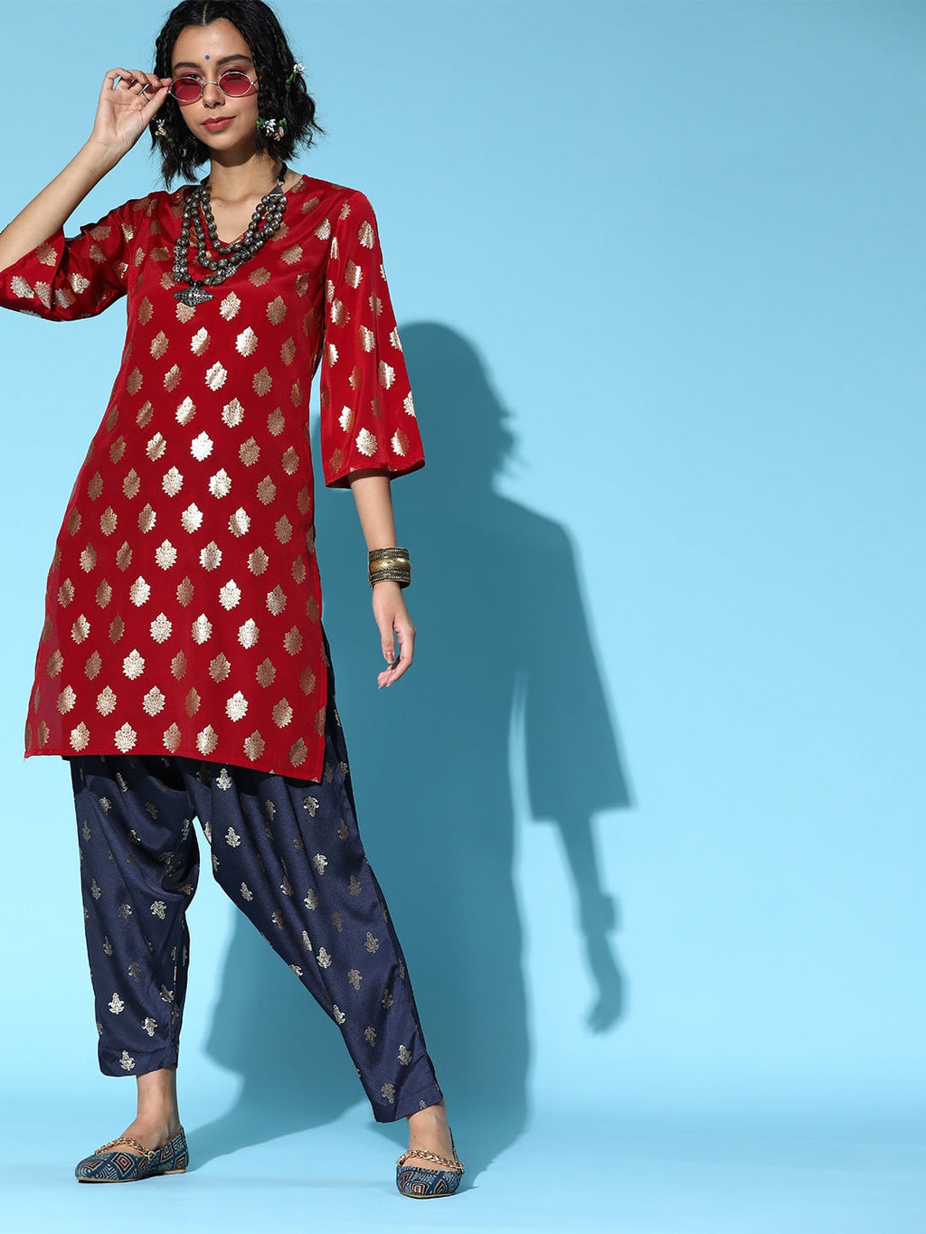 Sangria Ethnic Motifs Polyester Kurta Set | Grocsy