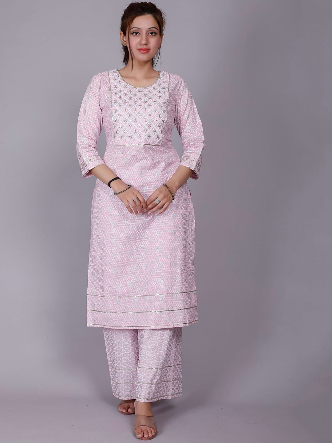 HERE&NOW Pink Ethnic Motifs Embroidered Sequinned Pure Cotton Kurta with Palazzos | Grocsy