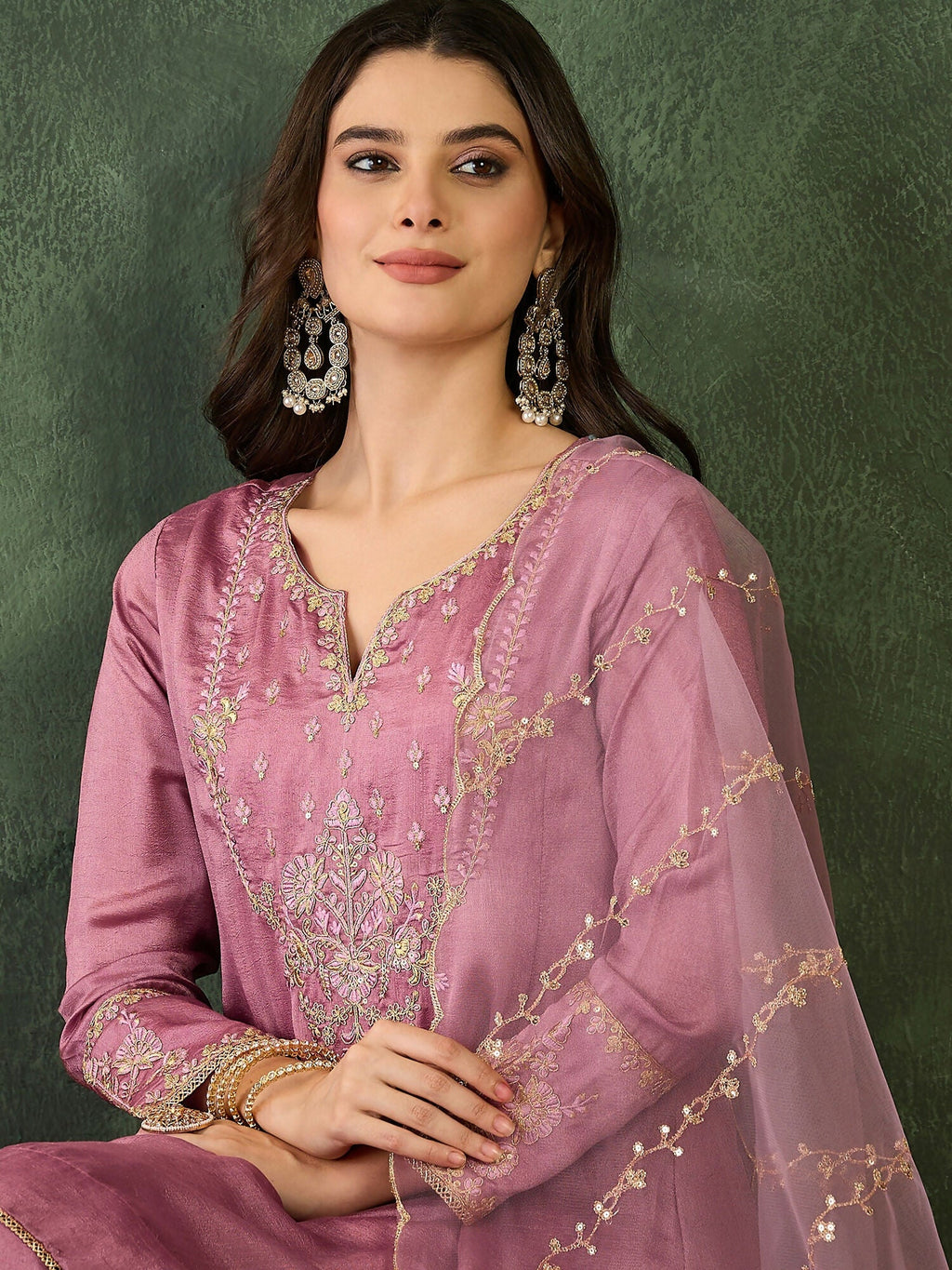 The52 Women's Gorgeous Embroidery Work Viscose Silk Fabric A-line Kurta Sharara and Dupatta Set-Onion | Grocsy