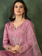 The52 Women's Gorgeous Embroidery Work Viscose Silk Fabric A-line Kurta Sharara and Dupatta Set-Onion | Grocsy