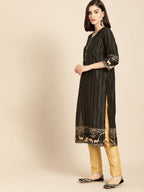 All About You Women Black & Gold Striped Regular Kurta with Trousers | Grocsy