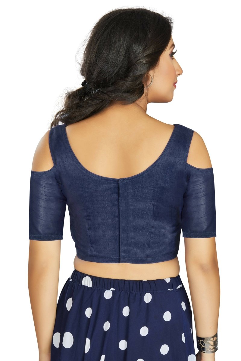 Aastha Fashion Women's Navy Blue Art Silk Cold Shoulder Sleeve Readymade Blouse | Grocsy