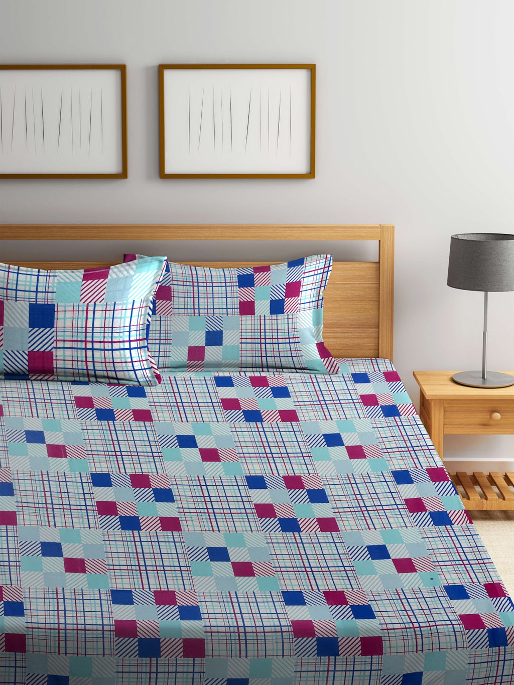 BOMBAY DYEING Marigold Blue Geometric Cotton 104 TC King Bedsheet With 2 Pillow Covers | Grocsy