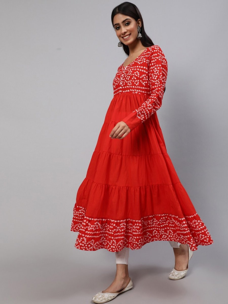 Aks Bandhani Yoke Design Long Sleeves Cotton Anarkali Kurta | Grocsy