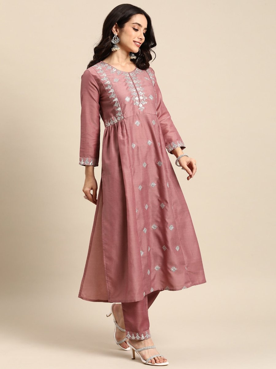 All About You Ethnic Motifs Embroidered Pleated Sequinned Kurta with Trousers | Grocsy