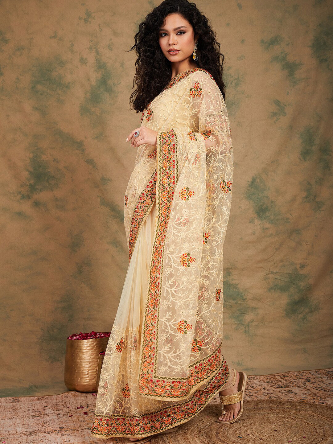 Sangria Yellow Beige Embroidered Net Sarees | Grocsy