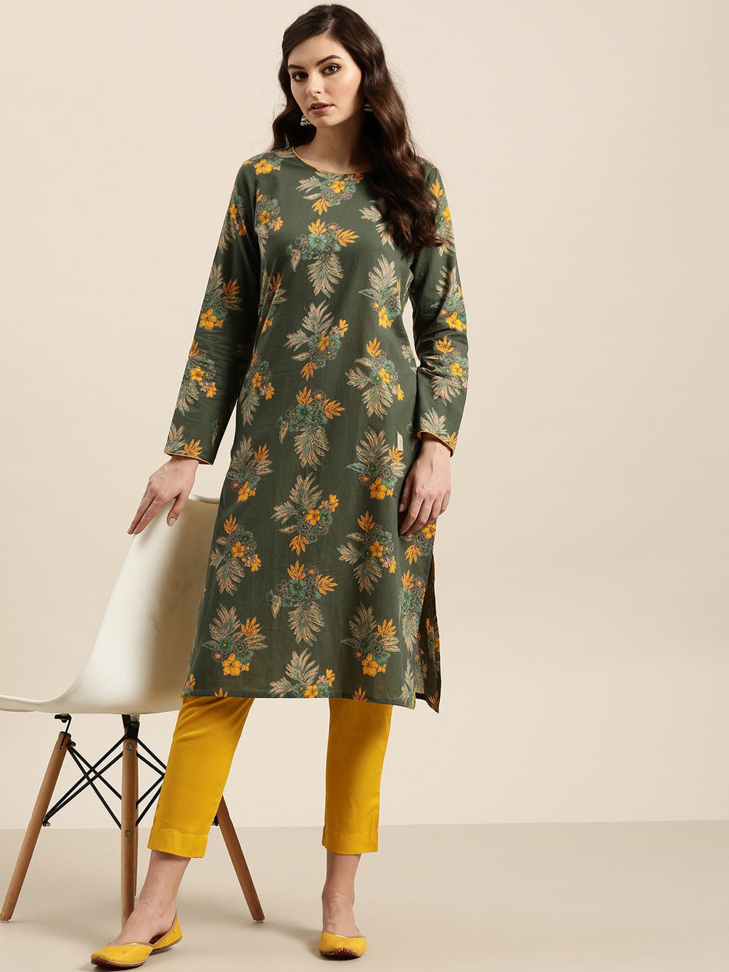 Sangria Women Olive Green & Mustard Yellow Pure Cotton Floral Printed Kurta | Grocsy