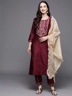Indo Era Women Magenta Ethnic Motifs Embroidered Kurta with Trousers & With Dupatta | Grocsy