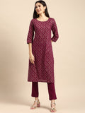 All About You Women Maroon Woven Design Pure Cotton Kurta with Trousers | Grocsy