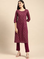 All About You Women Maroon Woven Design Pure Cotton Kurta with Trousers | Grocsy