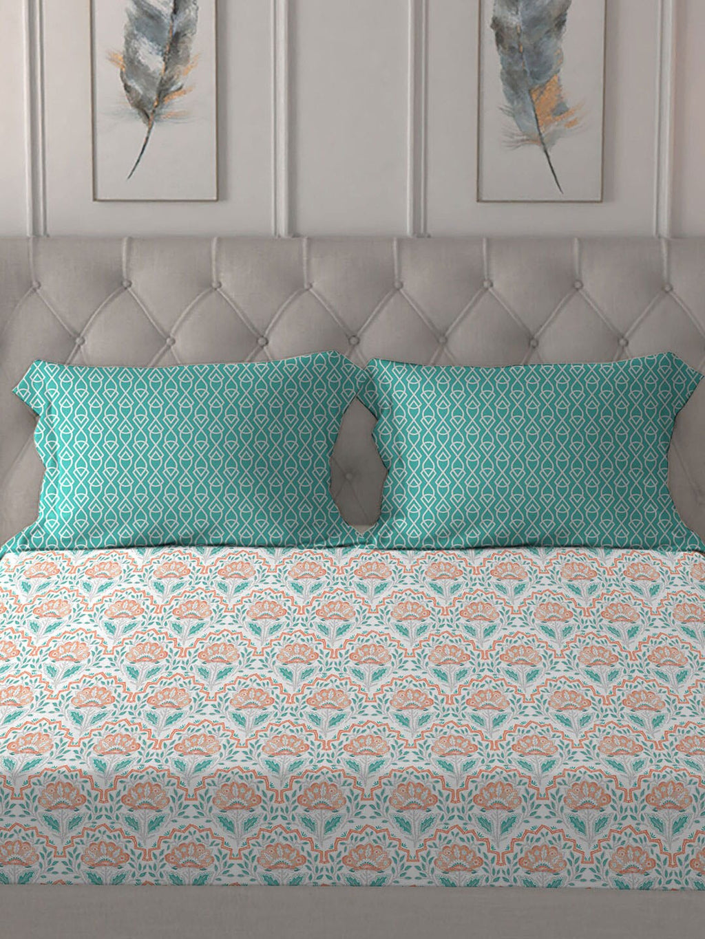 MYTRIDENT Orange Blue Ethnic Motifs Pure Cotton 120 TC Queen Bedsheet With 2 Pillow Covers | Grocsy