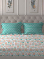 MYTRIDENT Orange Blue Ethnic Motifs Pure Cotton 120 TC Queen Bedsheet With 2 Pillow Covers | Grocsy