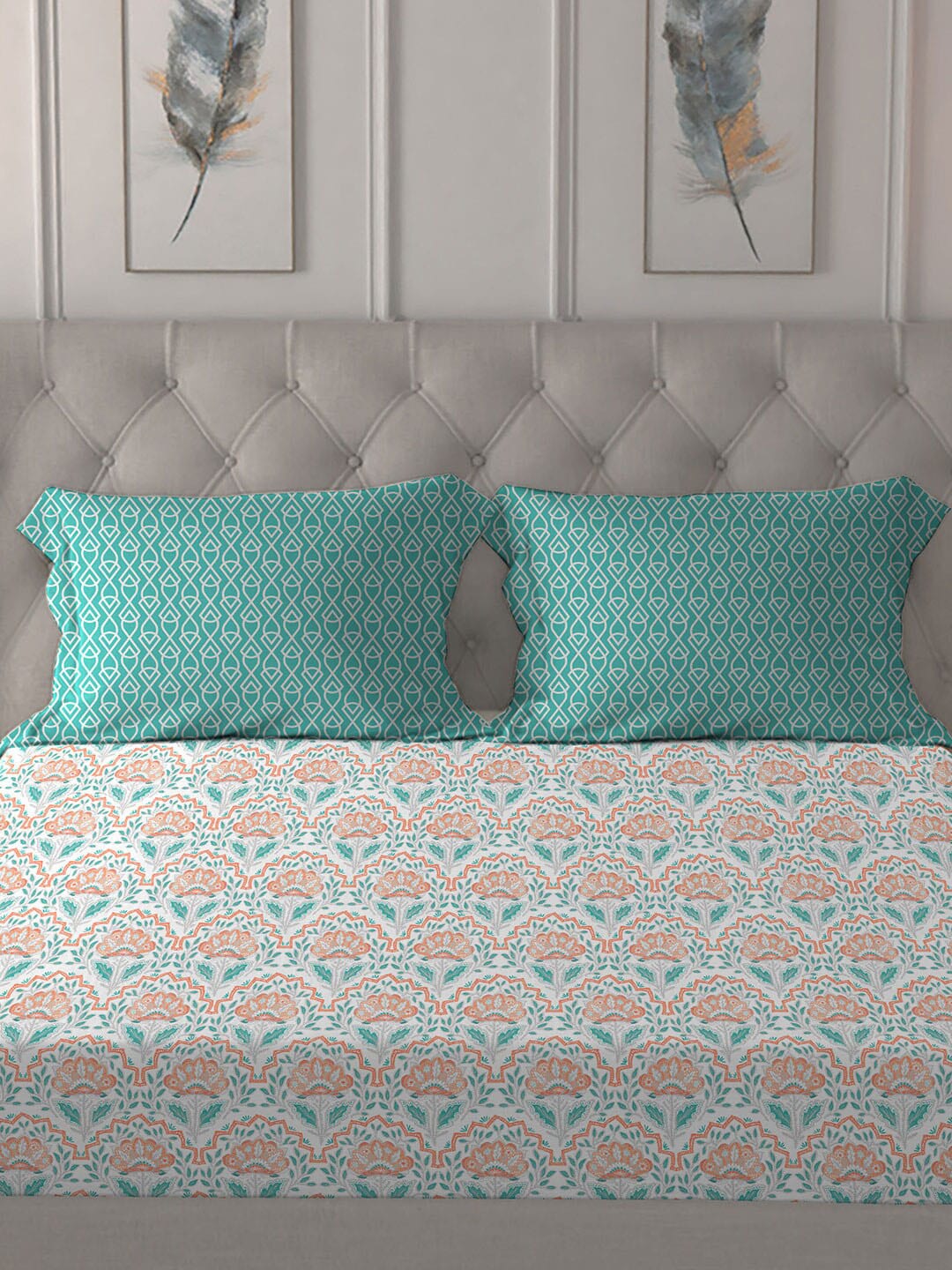 MYTRIDENT Orange Blue Ethnic Motifs Pure Cotton 120 TC Queen Bedsheet With 2 Pillow Covers | Grocsy