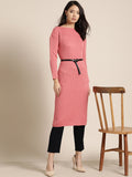 Sangria Pink Self-Striped Straight Winter Kurta | Grocsy