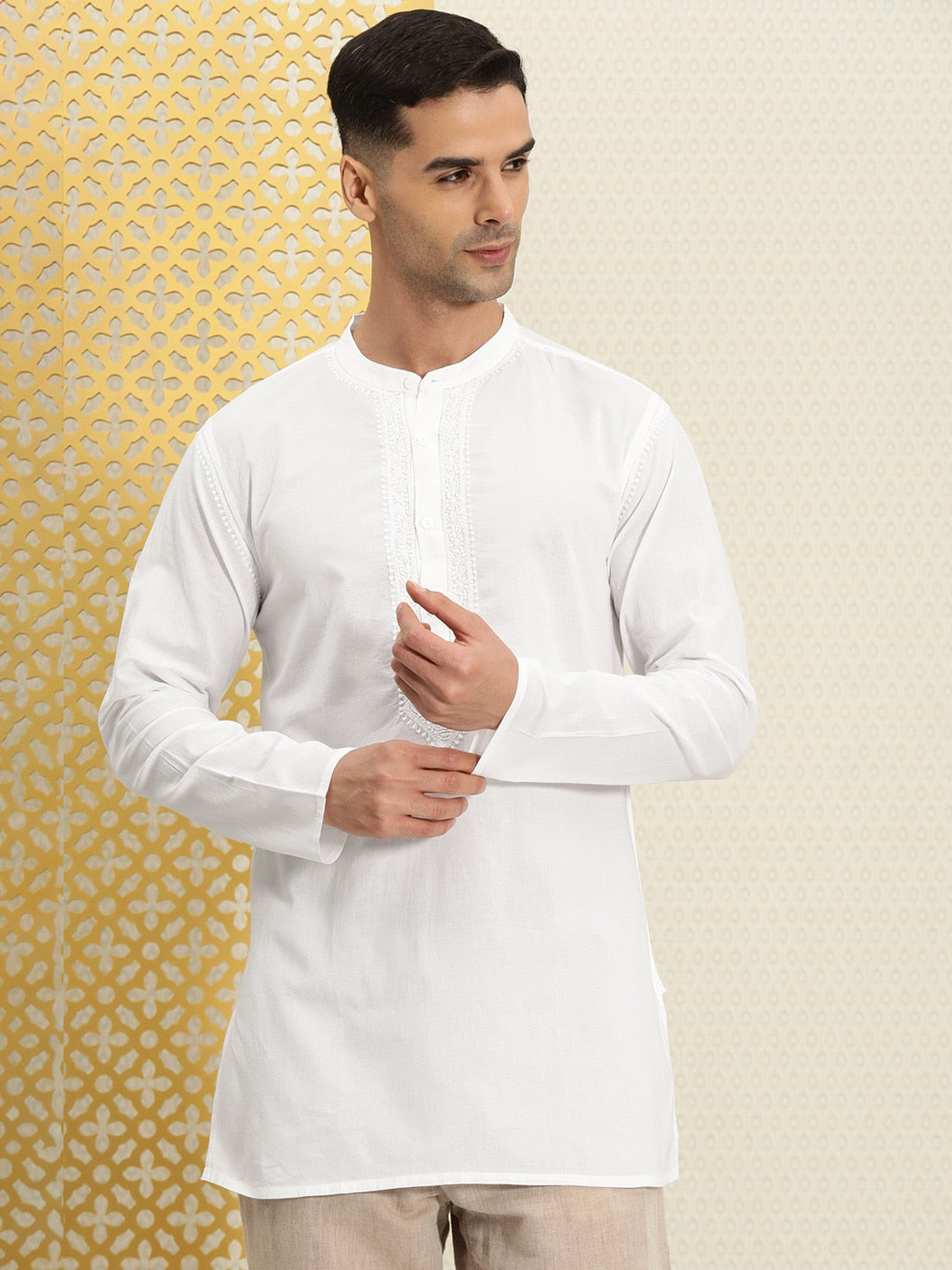 House of Pataudi Men Pure Cotton Solid Chikankari Jashn Short Kurta | Grocsy