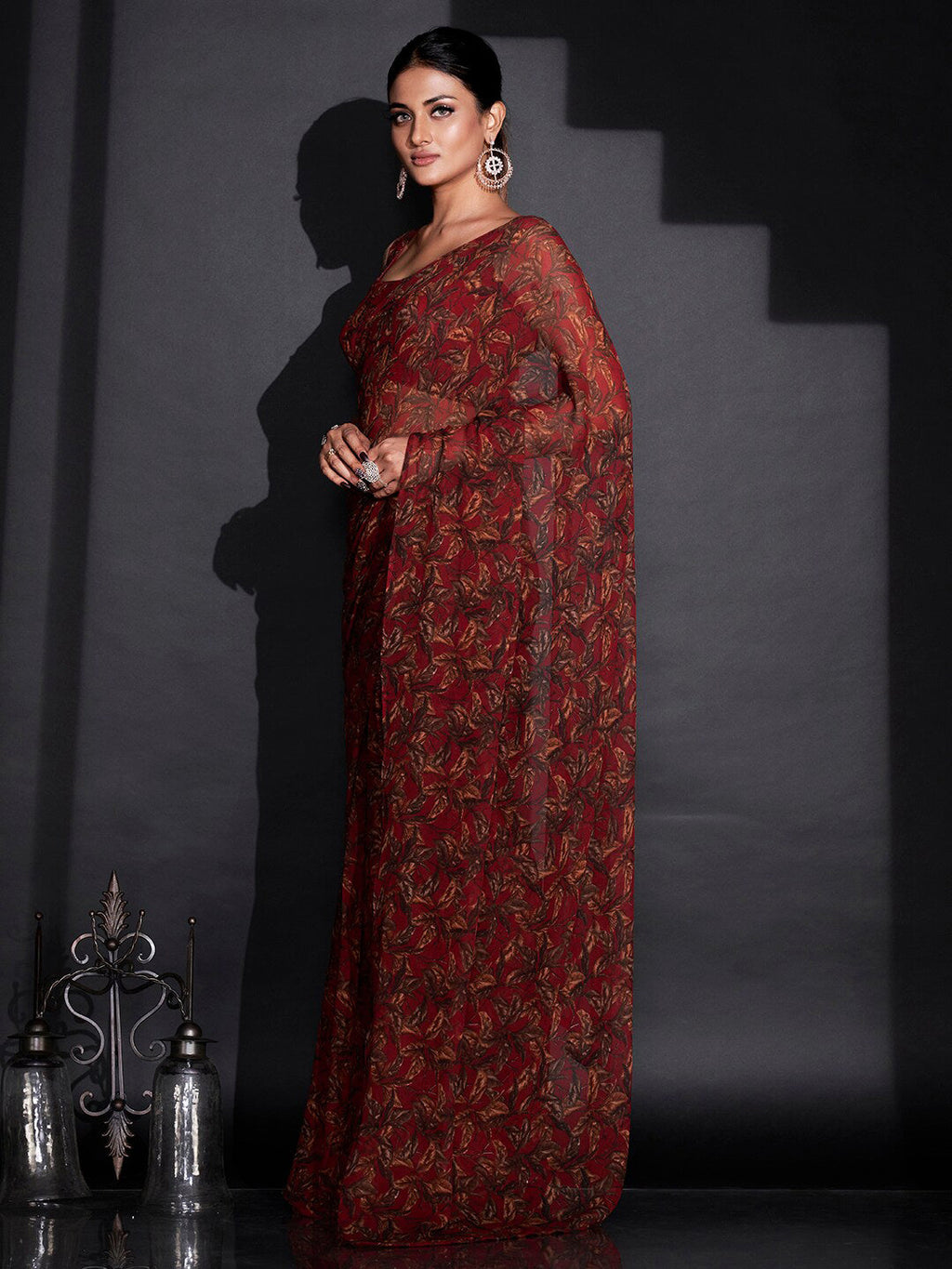 Tikhi Imli Red & Green Floral Printed Poly Georgette Ready To Wear Saree | Grocsy