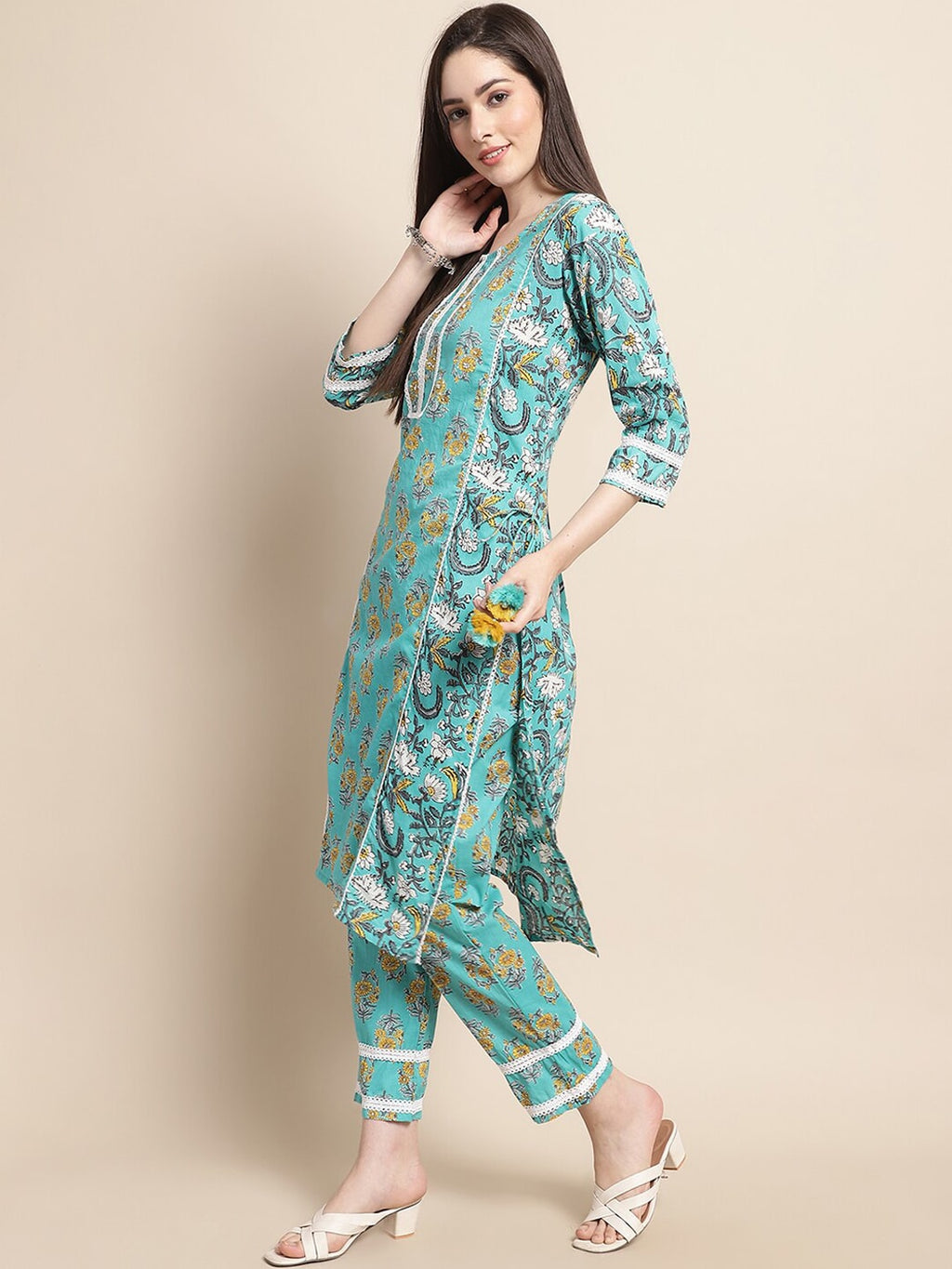 Sangria Blue & Gold Ethnic Motifs Printed Pure Cotton Kurta With Trouser & Dupatta | Grocsy