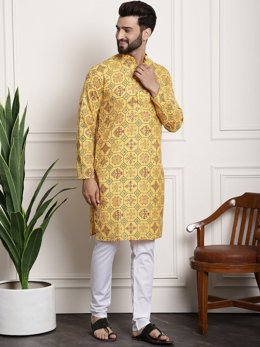 Sojanya Men Yellow Ethnic Motifs Printed Kurta with Churidar | Grocsy