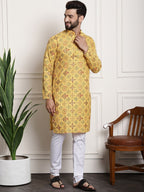 Sojanya Men Yellow Ethnic Motifs Printed Kurta with Churidar | Grocsy