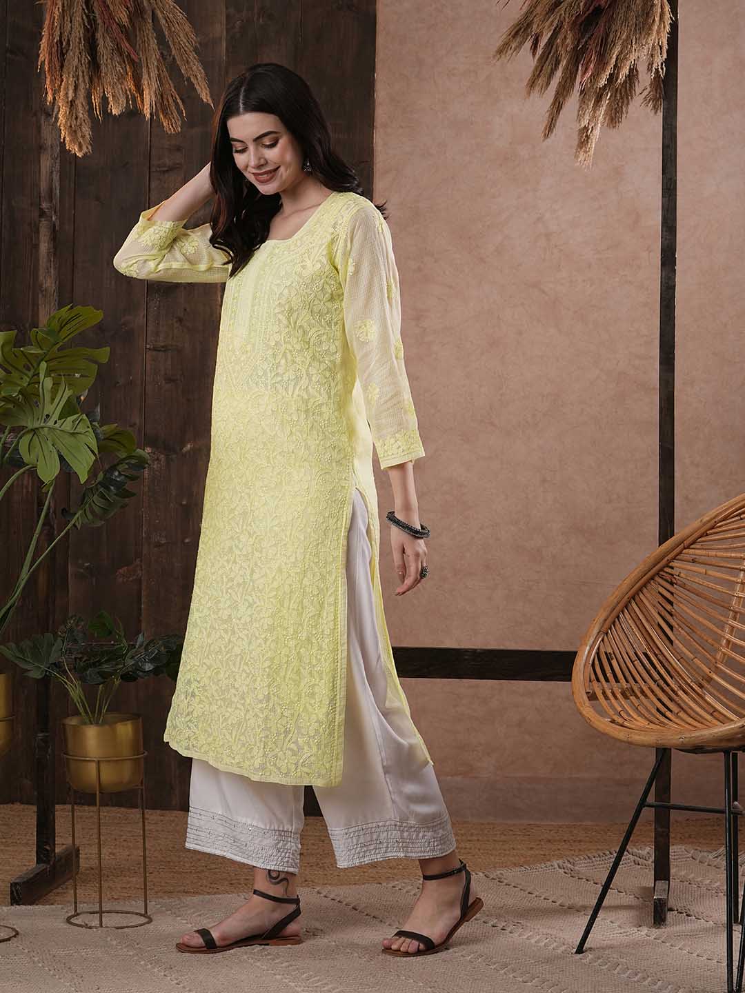 ADA Women Yellow & White Hand Embroidered Chikankari Sustainable Kota Handloom Kurta With Matching Slip | Grocsy
