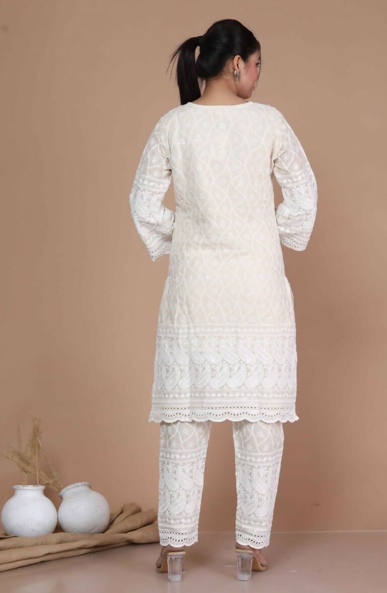 Miravan Women's Chikankari Cream Kurti Palazzo With Dupatta | Grocsy