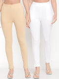 TAG 7 Set Of 2 Beige & White Solid Leggings | Grocsy