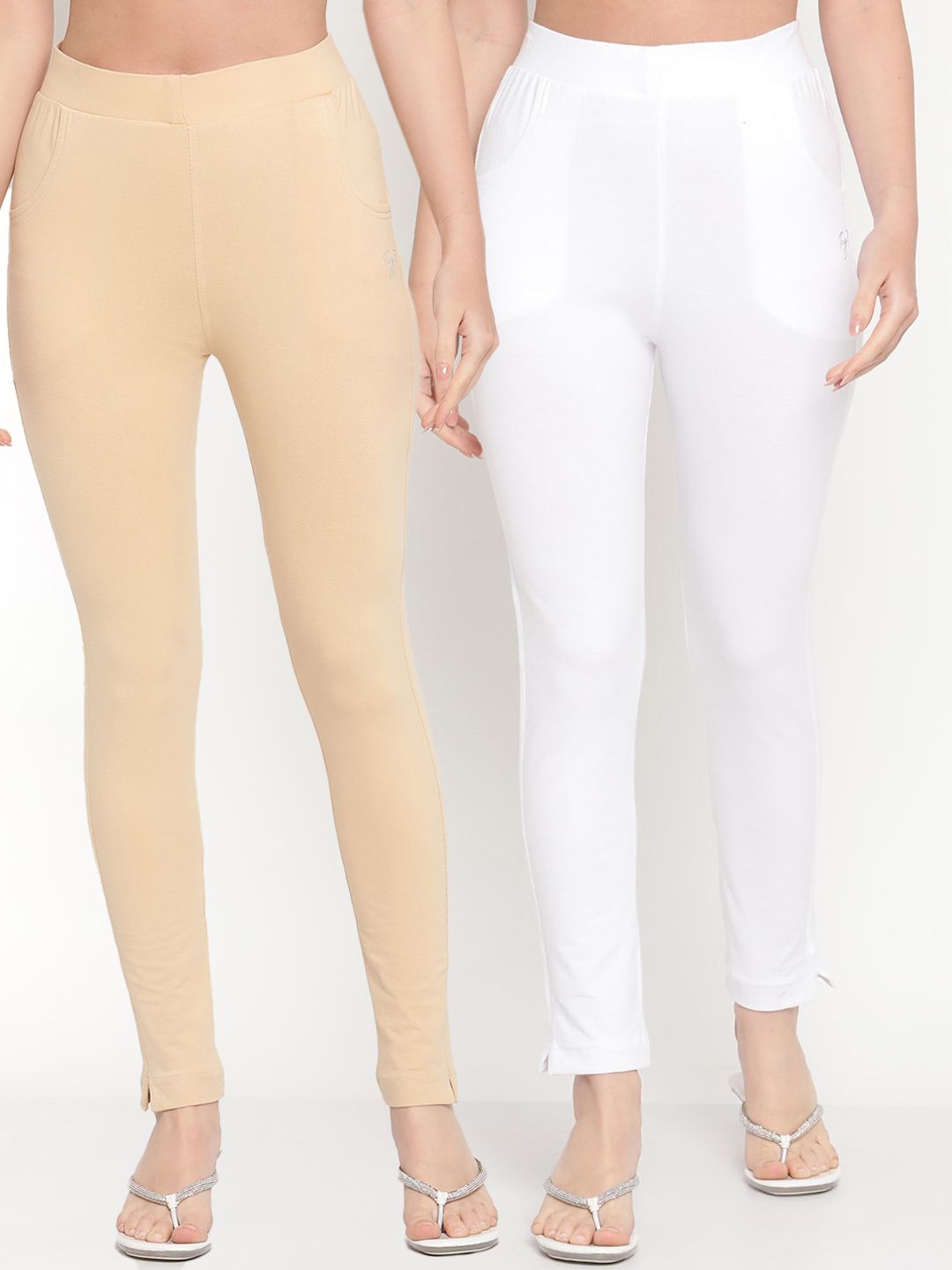 TAG 7 Set Of 2 Beige & White Solid Leggings | Grocsy