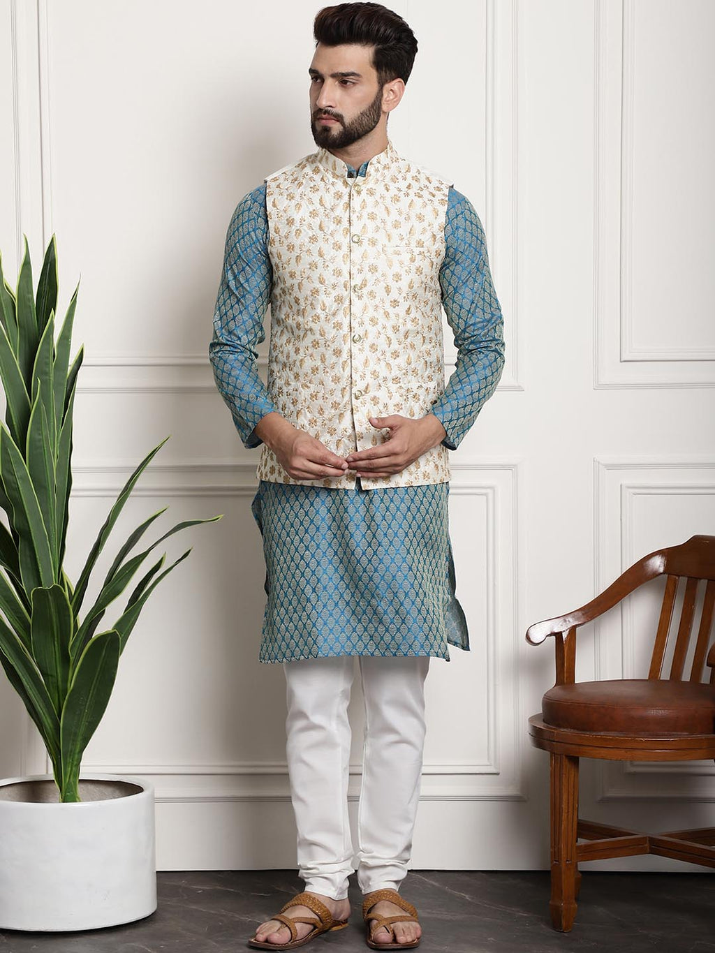 Sojanya Men Blue Ethnic Motifs Kurta with Pyjamas & Nehru Jacket | Grocsy