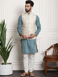 Sojanya Men Blue Ethnic Motifs Kurta with Pyjamas & Nehru Jacket | Grocsy