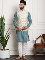 Sojanya Men Blue Ethnic Motifs Kurta with Pyjamas & Nehru Jacket | Grocsy