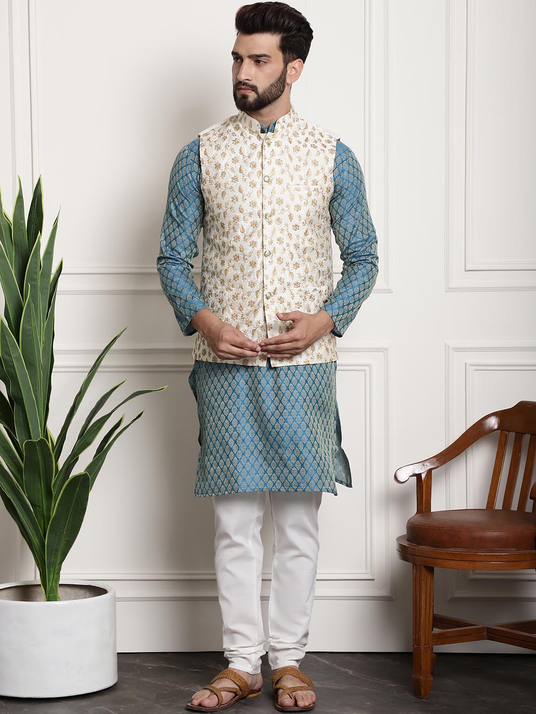 Sojanya Men Blue Ethnic Motifs Kurta with Pyjamas & Nehru Jacket | Grocsy
