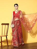 Tikhi Imli Red Floral Sequinned Organza Saree | Grocsy
