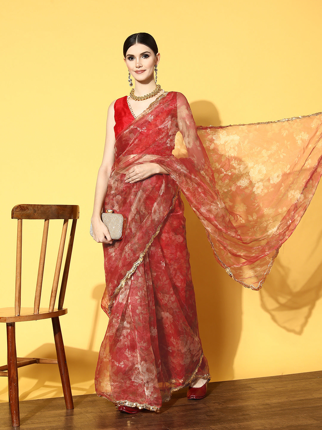 Tikhi Imli Red Floral Sequinned Organza Saree | Grocsy