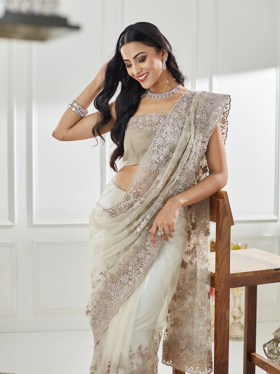kasee Floral Embellished Beads and Stones Net Saree | Grocsy