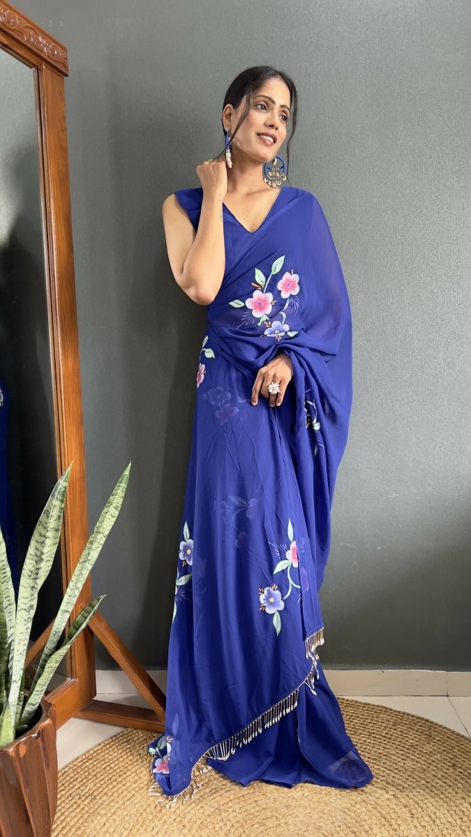 Aayaa Designer 1 min Hand Painted Ready to Wear saree - Navy Blue | Grocsy