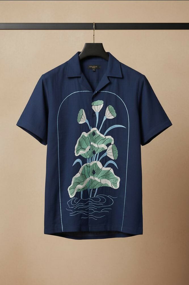 Midnight Bloom — Navy Lotus Embroidered Cotton Shirt by Hilo Design | Grocsy