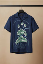 Midnight Bloom — Navy Lotus Embroidered Cotton Shirt by Hilo Design | Grocsy